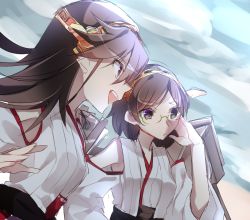 Rule 34 | 10s, 2girls, bad id, bad pixiv id, black hair, brown hair, detached sleeves, glasses, grey eyes, hairband, hand on own hip, haruna (kancolle), kantai collection, kirishima (kancolle), long hair, multiple girls, nontraditional miko, open mouth, short hair, skirt, smile, upper body, yarawi