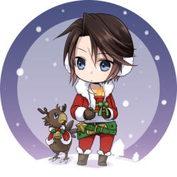 Rule 34 | 1boy, bell, belt, bird, blue eyes, boots, brown feathers, brown footwear, brown gloves, brown hair, brown mittens, candle, chibi, chick, chocobo, christmas, commentary request, dated, dot mouth, earmuffs, evening, fake antlers, feathers, final fantasy, final fantasy viii, fire, full body, fur-trimmed boots, fur-trimmed jacket, fur trim, gloves, gradient background, green belt, green ribbon, hiryuu (kana h), holding, holding candle, holly, jacket, jewelry, looking at another, lowres, male focus, mittens, multiple belts, neck bell, necklace, official alternate costume, open clothes, open jacket, outdoors, pants, red jacket, red pants, ribbon, santa costume, scar, scar on face, short hair, signature, snow, snowing, squall leonhart, standing, tree, winter