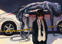 Rule 34 | 1girl, absurdres, bad id, bad pixiv id, black hair, blood, car, death, eldritch abomination, highres, jun (5455454541), long hair, looking at viewer, marker (medium), monster, motor vehicle, name tag, necktie, original, pleated skirt, police, red eyes, school uniform, sign, skirt, solo, tentacles, traditional media, twintails, warning sign
