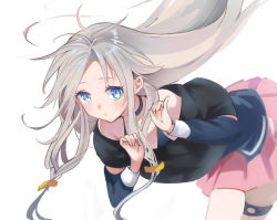 Rule 34 | 1girl, andedalive, bare shoulders, bent over, black shirt, blouse, blue eyes, braid, cevio, closed mouth, commentary, dot mouth, floating hair, ia (vocaloid), long hair, looking at viewer, miniskirt, off-shoulder shirt, off shoulder, pink skirt, platinum blonde hair, pleated skirt, shirt, side braid, skirt, solo, thigh strap, very long hair, vocaloid, white background