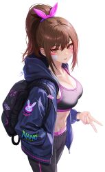 Rule 34 | 1girl, abs, absurdres, alternate costume, bandaid, breasts, brown eyes, brown hair, cleavage, d.va (overwatch), eruthu, facepaint, gyaru v, hair ribbon, hand in pocket, high ponytail, highres, hood, jacket, long hair, medium breasts, open clothes, open jacket, overwatch, overwatch 2, parted bangs, ponytail, ribbon, signature, simple background, solo, sports bra, tank top, v, white background