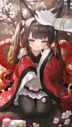 Rule 34 | 1girl, absurdres, amagi-chan (azur lane), animal ears, azur lane, bare shoulders, bibimbub, black pantyhose, blush, brown hair, commentary, dango, flower, food, fox ears, fox girl, fox tail, gloves, hand on own cheek, hand on own face, hand up, headpat, highres, japanese clothes, kimono, kitsune, kyuubi, long hair, long sleeves, looking at viewer, multiple tails, off shoulder, pantyhose, purple eyes, red kimono, rope, seiza, shimenawa, short eyebrows, sitting, sleeves past fingers, sleeves past wrists, smile, solo focus, symbol-only commentary, tail, thick eyebrows, twintails, wagashi, white flower, white gloves, wide sleeves