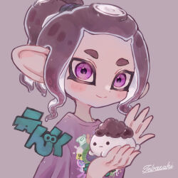 Rule 34 | 1girl, artist name, character request, closed mouth, colored skin, commentary request, copyright request, eyelashes, high ponytail, highres, inkling (language), looking at viewer, medium hair, nintendo, octoling, octoling girl, octoling player character, pointy ears, print shirt, purple background, purple eyes, purple hair, purple shirt, red bean paste, shirt, short ponytail, simple background, smile, solid circle eyes, splatoon (series), splatoon 3, tebasaki (teba illust), tentacle hair, thick eyebrows, upper body, white skin