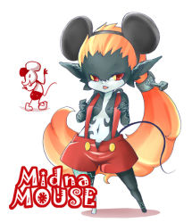 Rule 34 | 1girl, animal ears, colored sclera, disney, inumimi moeta, long hair, mickey mouse, mickey mouse ears, midna, mouse ears, nintendo, orange hair, pointy ears, red eyes, scrunchie, shorts, solo, suspenders, the legend of zelda, the legend of zelda: twilight princess, very long hair, yellow sclera