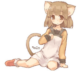 Rule 34 | 1girl, 7010, animal ears, blush, boots, brown eyes, brown hair, cat ears, cat girl, cat tail, dress, female focus, long sleeves, looking at viewer, lowres, oekaki, red footwear, short dress, short hair, simple background, sitting, solo, tail, white background