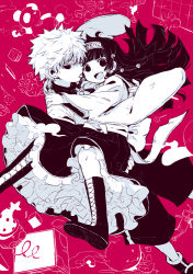 Rule 34 | 2boys, :p, alluka zoldyck, androgynous, boots, brothers, carrying, clown, hat, hunter x hunter, jack-in-the-box, japanese clothes, killua zoldyck, kl (dgzonbi), multi-tied hair, multiple boys, open mouth, pink background, siblings, smile, tate eboshi, tongue, tongue out, toy, trap