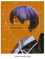 Rule 34 | 1boy, 404, argyle clothes, argyle necktie, azuma kurumi, black jacket, blazer, border, character name, closed mouth, collared shirt, dotted line, expressionless, from side, geometry, golden spiral, green eyes, highres, http status code, invisible, jacket, kenmochi touya, kenmochi touya (1st costume), looking at viewer, looking to the side, male focus, measurements, necktie, nijisanji, open clothes, open jacket, orange background, portrait, profile, purple hair, red necktie, shirt, short hair, solo, white border, white shirt