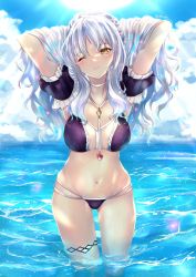 Rule 34 | 1girl, absurdres, armpits, arms behind head, arms up, bare shoulders, bikini, blue sky, breasts, caren hortensia, caren hortensia (amor caren), caren hortensia (angel heart), collarbone, fate/grand order, fate (series), highres, holding, holding own hair, long hair, looking at viewer, medium breasts, navel, ocean, one eye closed, purple bikini, sky, smile, solo, swimsuit, thighs, wading, wavy hair, wet, white hair, yellow eyes, yuki haru