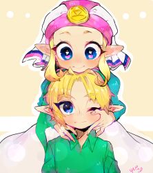 Rule 34 | 1boy, 1girl, blonde hair, blue eyes, blush, child, heart, heart-shaped pupils, link, nintendo, pointy ears, princess zelda, repikinoko, smile, symbol-shaped pupils, the legend of zelda, the legend of zelda: ocarina of time, tunic, young link, young zelda, aged down