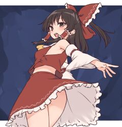 Rule 34 | 1girl, armpits, ascot, ass, bare legs, blush, border, bow, breasts, brown eyes, brown hair, detached sleeves, frilled bow, frilled hair tubes, frills, from behind, hair bow, hair tubes, hakurei reimu, highres, long hair, looking at viewer, miyo (ranthath), red bow, red skirt, sideboob, skirt, skirt set, solo, thighs, touhou, white border, yellow ascot