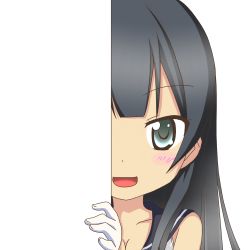 Rule 34 | 10s, 1girl, :d, agano (kancolle), aqua eyes, black hair, breasts, cleavage, gloves, kantai collection, long hair, looking at viewer, medium breasts, nagineko, open mouth, peeking out, school uniform, serafuku, smile, solo, transparent background, white gloves