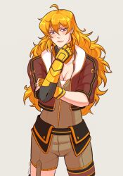 Rule 34 | 1girl, ahoge, asymmetrical legwear, blonde hair, cropped jacket, facing viewer, hand on own chin, highres, jumpsuit, long hair, mechanical arms, prosthesis, prosthetic arm, purple eyes, rwby, single mechanical arm, solo, uneven legwear, upper body, yang xiao long, yellow nicky