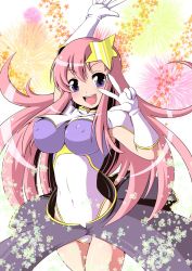 Rule 34 | 1girl, arm up, bad id, bad pixiv id, blue eyes, breasts, covered erect nipples, covered navel, gloves, gundam, gundam seed, gundam seed destiny, hair between eyes, hair ornament, hand gesture, large breasts, leotard, meer campbell, open mouth, pink hair, semikichi, smile, solo, star (symbol), star hair ornament, teeth, v, white gloves