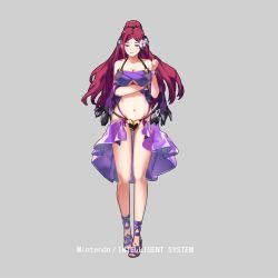 Rule 34 | 1girl, bikini, breasts, cleavage, closed mouth, conope, fire emblem, fire emblem heroes, flower, full body, grey background, hair flower, hair ornament, large breasts, loki (fire emblem), long hair, navel, nintendo, ponytail, purple eyes, purple hair, simple background, smile, solo, swimsuit