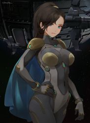 Rule 34 | 1girl, artist name, black hair, blue cape, blue eyes, bodysuit, cape, chowbie, closed mouth, commentary, covered navel, cowboy shot, expressionless, hair over one eye, hand on own hip, high ponytail, highres, long hair, looking at viewer, mecha, neon trim, original, robot, skin tight, solo, spacecraft, standing, star (symbol), starry background, turtleneck