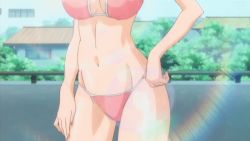 Rule 34 | 1girl, amagi manami, animated, animated gif, bikini, breasts, cleavage, cleavage cutout, closed eyes, clothing cutout, curvy, glasses, hand on own hip, large breasts, navel, orange hair, pink bikini, short hair, smile, solo, sunlight, sweet home, swimsuit, thick thighs, thighs