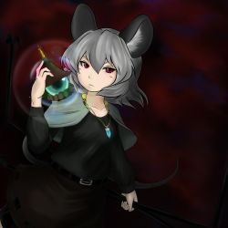 Rule 34 | 1girl, adapted costume, animal ears, belt, bishamonten&#039;s pagoda, capelet, dress, female focus, grey hair, highres, jewelry, meganemausu, mouse ears, mouse tail, nazrin, necklace, pendant, red eyes, short hair, solo, tail, touhou
