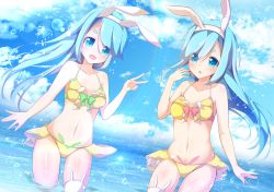 Rule 34 | 2girls, absurdres, animal ears, asymmetrical legwear, bad id, bad twitter id, bikini, blue hair, cloud, cloudy sky, day, ex takehito, eyes visible through hair, fake animal ears, highres, looking at viewer, mismatched legwear, multiple girls, near (sound voltex), noah (sound voltex), ocean, open mouth, rabbit ears, sky, sound voltex, sound voltex ii infinite infection, swimsuit, thick eyebrows, v, yellow bikini