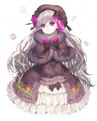 Rule 34 | 1girl, absurdres, bad id, bad twitter id, bow, canar, capelet, commentary request, corset, dress, fate/extra, fate (series), food, frilled dress, frills, fur collar, gothic lolita, hair bow, hat, highres, lolita fashion, long hair, nursery rhyme (fate), purple eyes, silver hair, solo, sweets, v arms, very long hair