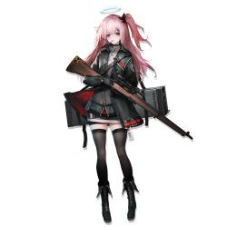 Rule 34 | 1girl, ambriel (arknights), arknights, black footwear, black jacket, black thighhighs, bolt action, boots, breasts, choker, cross-laced footwear, dress, full body, gloves, gradient hair, grey dress, grey gloves, gun, hair between eyes, hair ornament, hairclip, halo, heibaise jiangshi, holding, holding gun, holding weapon, jacket, lee-enfield, long hair, looking at viewer, mouth hold, multicolored hair, name tag, official art, one side up, pink hair, popped collar, purple eyes, rifle, sidelocks, small breasts, sniper rifle, solo, tachi-e, thighhighs, transparent background, trigger discipline, weapon, weapon case, zettai ryouiki