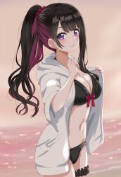 Rule 34 | 1girl, bikini, black bikini, black hair, black scrunchie, breasts, cleavage, closed mouth, colored inner hair, commentary request, commission, cowboy shot, dars (recolors), highres, hood, hoodie, koinoya mai, large breasts, long hair, looking at viewer, mole, mole under eye, multicolored hair, navel, pink nails, ponytail, propro production, purple eyes, scrunchie, skeb commission, smile, solo, standing, swimsuit, thigh scrunchie, virtual youtuber, white hoodie