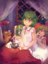Rule 34 | 2girls, bare arms, bed, blanket, blowing kiss, blue hair, blurry, blurry background, buttons, clock, closed mouth, commentary, cup, curtains, doremy sweet, dress, drinking glass, english commentary, floating, flower, flower pot, freckles, half-closed eyes, hat, heart, indoors, kazami yuuka, looking at another, looking to the side, lying, manamanami, mini person, minigirl, multiple girls, night, nightcap, nightgown, on back, on bed, pillow, plant, pom pom (clothes), red eyes, red hat, short hair, short sleeves, sitting, sky, sleepwear, solo focus, star (sky), starry sky, tail, tapir tail, touhou, twirling hair, under covers, vines, wall clock, window