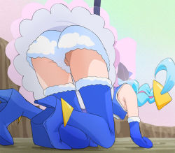 Rule 34 | 1girl, all fours, bare shoulders, blue gloves, blue hair, blue thighhighs, boots, cure cosmo, elbow gloves, from behind, gloves, haruyama kazunori, long hair, multicolored hair, no panties, pink hair, precure, pussy, pussy peek, short shorts, shorts, solo, star twinkle precure, thigh boots, thighhighs, twintails, two-tone hair, upshorts, yuni (precure)