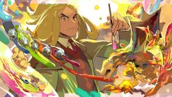 Rule 34 | 1boy, blonde hair, closed mouth, collared shirt, creatures (company), e volution, frown, game freak, green jacket, hassel (pokemon), holding, holding paintbrush, jacket, long sleeves, looking down, male focus, necktie, nintendo, open clothes, open jacket, paint, paint tube, paintbrush, palette (object), parted bangs, pokemon, pokemon sv, shirt, short ponytail, upper body, vest, white shirt
