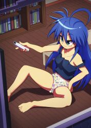 Rule 34 | 1girl, :3, ahoge, antenna hair, armpits, barefoot, bed, bedroom, blue camisole, blue hair, bookshelf, camisole, clenched hands, unworn clothes, collared shirt, controller, euf-dreamer, feet, female focus, flat chest, full body, game console, game controller, gluteal fold, green eyes, hair between eyes, highres, holding, holding remote control, indoors, izumi konata, legs, long hair, lucky star, mole, mole under eye, neck, off shoulder, otaku, panties, petite, print panties, remote control, shiny skin, shirt, sidelocks, sitting, spread legs, thighs, toes, underwear, underwear only, very long hair, watching television, wii, wii remote, yellow panties