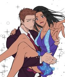 Rule 34 | 1boy, 1girl, al (ahr), alternate eye color, black hair, brother and sister, brown eyes, brown hair, carrying, dark skin, dark-skinned male, dress, formal, hand on another&#039;s shoulder, michele crispino, necktie, open mouth, princess carry, sara crispino, siblings, smile, sparkle, suit, twins, yuri!!! on ice