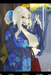 Rule 34 | 1girl, absurdres, animal ears, animal nose, artist name, back bow, bag, blonde hair, blue eyes, blue kimono, blue scrunchie, blush, body fur, bow, breasts, collarbone, dated, dog ears, dog girl, english text, fake screenshot, fangs, female focus, festival, flashing, floral print, furry, furry female, glint, hair bun, hair ornament, hair scrunchie, half-closed eyes, handbag, hands up, happy, highres, holding, holding bag, japanese clothes, kame (3t), kimono, large breasts, letterboxed, long sleeves, looking at viewer, medium hair, nipples, no bra, nose blush, one breast out, open clothes, open kimono, open mouth, original, outdoors, public indecency, recording, red-framed eyewear, scrunchie, semi-rimless eyewear, sharp teeth, signature, silhouette, single hair bun, smile, snout, solo focus, standing, teeth, upper body, v, wide sleeves, yellow bow, yellow fur