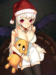 Rule 34 | 00s, 1girl, blonde hair, breasts, christmas, cleavage, doll joints, hat, joints, kunkun, red eyes, rozen maiden, santa hat, sentou, silver hair, sitting, solo, stuffed animal, stuffed toy, suigintou, thighhighs
