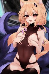 Rule 34 | 1girl, absurdres, animal ear fluff, animal ears, black leotard, black thighhighs, blonde hair, breasts, cat ears, cat girl, cat tail, covered navel, covering privates, covering breasts, covering privates, facial mark, fang, highleg, highleg leotard, highres, kneeling, leotard, long hair, looking at viewer, open mouth, red eyes, shyrei faolan, skin fang, small breasts, solo, tail, tentacles, thighhighs, uve, virtual youtuber, vyugen, whisker markings