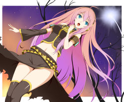 Rule 34 | 1girl, absurdres, ahoge, armband, blonde hair, dutch angle, highres, long hair, megurine luka, navel, night, open mouth, outdoors, pink hair, skirt, sky, solo, star (sky), starry sky, thighhighs, very long hair, violetshit, vocaloid