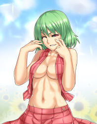 Rule 34 | 1girl, ;), black sclera, breasts, cleavage, clothes pull, cloud, colored sclera, day, female focus, flower, green hair, grin, houtengeki, kazami yuuka, medium breasts, muscular, naked vest, navel, one eye closed, open clothes, outdoors, plaid, plaid skirt, plaid vest, red eyes, short hair, skirt, skirt pull, skirt set, sky, smile, solo, sunflower, touhou, vest, wink