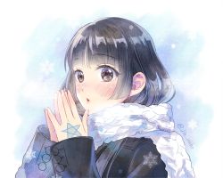 Rule 34 | 1girl, :o, alternate costume, black hair, blush, breasts, breath, brown eyes, jin akhr, long hair, looking at viewer, protagonist 2 (housamo), scarf, smile, solo, tokyo houkago summoners, upper body, warming hands, white scarf, winter clothes