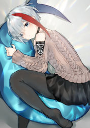 Rule 34 | 1girl, admiral graf spee (azur lane), admiral graf spee (peaceful daily life) (azur lane), azur lane, bad id, bad pixiv id, bare shoulders, bed sheet, black pantyhose, black skirt, blue eyes, choker, commentary, expressionless, fins, fish tail, hair over one eye, hugging own tail, hugging tail, long sleeves, looking at viewer, lying, multicolored hair, neko (ganecooo), on bed, on side, pantyhose, pleated skirt, red hair, self hug, shark tail, short hair, skirt, solo, streaked hair, sweater, tail, white hair