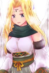 Rule 34 | 1girl, aiknwuriknru, ainu clothes, angel wings, aquaplus, blonde hair, blue eyes, breasts, dress, eyelashes, feathered wings, green scarf, jewelry, large breasts, large wings, long sleeves, looking at viewer, nose, off shoulder, open mouth, ponytail, raised eyebrows, scarf, sidelocks, sleeveless, solo, upper body, ulthury, utawarerumono, wide sleeves, wings