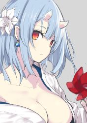 Rule 34 | 1girl, absurdres, blue hair, blunt bangs, blush, breasts, cleavage, collarbone, earrings, flower, hair flower, hair ornament, highres, hiraga matsuri, hirasato, horns, japanese clothes, jewelry, kimono, large breasts, looking at viewer, off shoulder, oni horns, open mouth, original, pointy ears, red eyes, short hair, simple background, solo, upper body