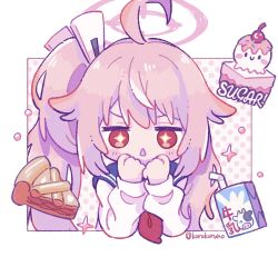 Rule 34 | + +, 1girl, :&lt;, ahoge, bendy straw, blue archive, blue sailor collar, blush stickers, chibi, cropped torso, drinking straw, english text, eyebrows hidden by hair, food, halo, hands up, highres, koru koruno, long hair, long sleeves, milk carton, natsu (blue archive), parted lips, pie, pie slice, pink hair, polka dot, polka dot background, puffy long sleeves, puffy sleeves, red eyes, sailor collar, school uniform, serafuku, shirt, side ponytail, sleeves past wrists, solo, triangle mouth, twitter username, upper body, v-shaped eyebrows, very long hair, white background, white shirt