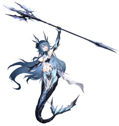 Rule 34 | 1girl, absurdres, adhesive bra, ankle fins, aqua hair, arm fins, black bra, bra, braid, fins, french braid, hair between eyes, head fins, highres, holding, holding polearm, holding trident, holding weapon, lamia (punishing: gray raven), mechanical arms, mechanical tail, mermaid, monster girl, navel, open clothes, polearm, punishing: gray raven, purple eyes, shell hair ornament, sidelocks, simple background, solo, tail, underwear, weapon, white background, yeming urcaona