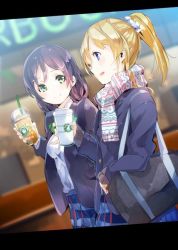 Rule 34 | 10s, 2girls, ayase eli, blazer, blonde hair, blue eyes, bow, bowtie, green eyes, jacket, long hair, looking at another, looking at viewer, love live!, love live! school idol project, low twintails, multiple girls, ponytail, purple hair, scarf, school uniform, skirt, smile, tojo nozomi, twintails, uniform, yuugen