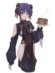 Rule 34 | 1boy, alternate costume, bun cover, chinese clothes, closed mouth, clothing request, crossdressing, detached sleeves, dress, dumpling, food, genshin impact, highres, holding, holding plate, holding tray, looking at viewer, off-shoulder dress, off shoulder, plate, purple eyes, purple hair, scaramouche (genshin impact), short hair, simple background, solo, tassel, trap, tray, white background, yamabuki (yamabuki xxxxx)