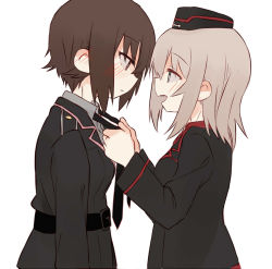 10s 2girls adjusting_clothes adjusting_necktie alternate_costume belt black_belt black_hat black_jacket black_neckwear blush closed_mouth epaulettes from_side fud garrison_cap girls_und_panzer grey_shirt hat itsumi_erika jacket kuromorimine_military_uniform light_frown long_hair long_sleeves looking_at_another military military_hat military_uniform multiple_girls necktie nishizumi_maho open_mouth red_shirt shirt short_hair simple_background smile standing upper_body white_background yuri