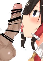 Rule 34 | 1boy, 1girl, ascot, bar censor, black eyes, black hair, blush, censored, close-up, erection, fellatio, from side, golgi hon, hair tubes, hakurei reimu, hetero, highres, large penis, licking, licking penis, male pubic hair, open mouth, oral, penis, profile, pubic hair, sidelocks, simple background, testicles, tongue, tongue out, touhou, veins, white background