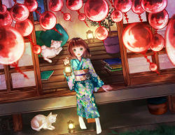 Rule 34 | 1girl, brown hair, cat, cinder block, dutch angle, floral print, grass, green eyes, haruaya, highres, japanese clothes, kimono, lanter, light particles, looking at viewer, obi, open mouth, original, pillow, plant, porch, potted plant, sash, short hair, sitting, sliding doors, smile, socks, solo, wind chime, wooden floor, yukata