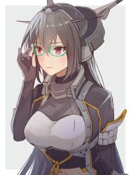 Rule 34 | 1girl, bespectacled, black coat, black gloves, blush, breasts, closed mouth, coat, elbow gloves, glasses, gloves, green-framed eyewear, hair between eyes, headgear, kantai collection, kasumi (skchkko), large breasts, long hair, nagato (kancolle), nagato kai ni (kancolle), navel, partially fingerless gloves, red eyes, simple background, solo, two-tone background, upper body