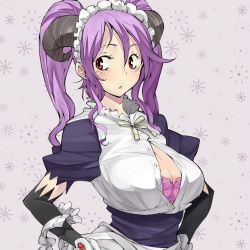 Rule 34 | 1girl, amami amayu, bad id, bad pixiv id, blush, bra, breasts, bursting breasts, cleavage, demon girl, elbow gloves, eyelashes, gloves, hands on own hips, horns, large breasts, lingerie, long hair, looking back, maid headdress, monster collection, purple hair, red eyes, solo, twintails, unbuttoned, underwear, upper body