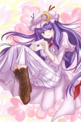 Rule 34 | 1girl, blue bow, blue ribbon, blush, boots, bow, braid, breasts, bright background, brown footwear, capelet, check commentary, commentary request, crescent, crescent pin, cross-laced footwear, envelope, fetal position, floral background, highres, lace-up boots, letter, long hair, looking at viewer, love letter, medium breasts, namiki (remiter00), open mouth, patchouli knowledge, purple eyes, purple hair, red bow, red neckwear, red ribbon, ribbon, smile, solo, touhou, very long hair