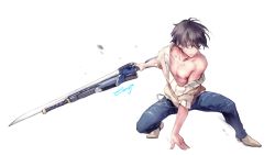 Rule 34 | 1boy, arm support, artist name, black hair, closers, collarbone, comet (teamon), denim, full body, highres, holding, holding sword, holding weapon, jeans, kneeling, looking to the side, male focus, nipples, off shoulder, pants, seha lee, shoes, signature, simple background, solo, sword, torn clothes, weapon, white background, white footwear